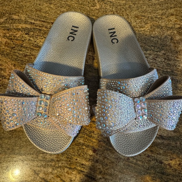 INC Silver Slide Sandals with Bow size 6 - Picture 1 of 3